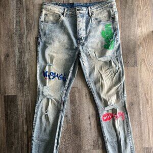 Ksubi  " Multi Color Writing " Light Wash Blue Jeans